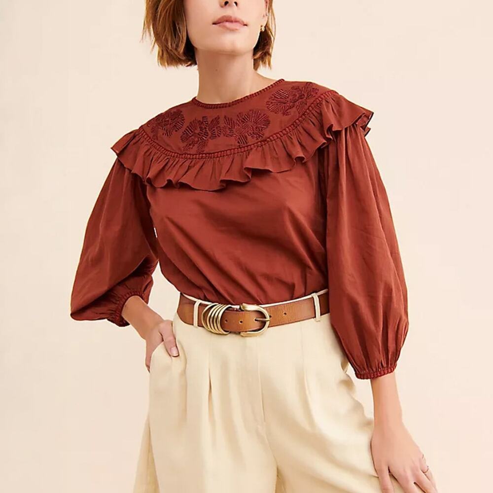 Carolina K Pamela Rust Red Cotton Embroidered Ruffle Neck Blouse